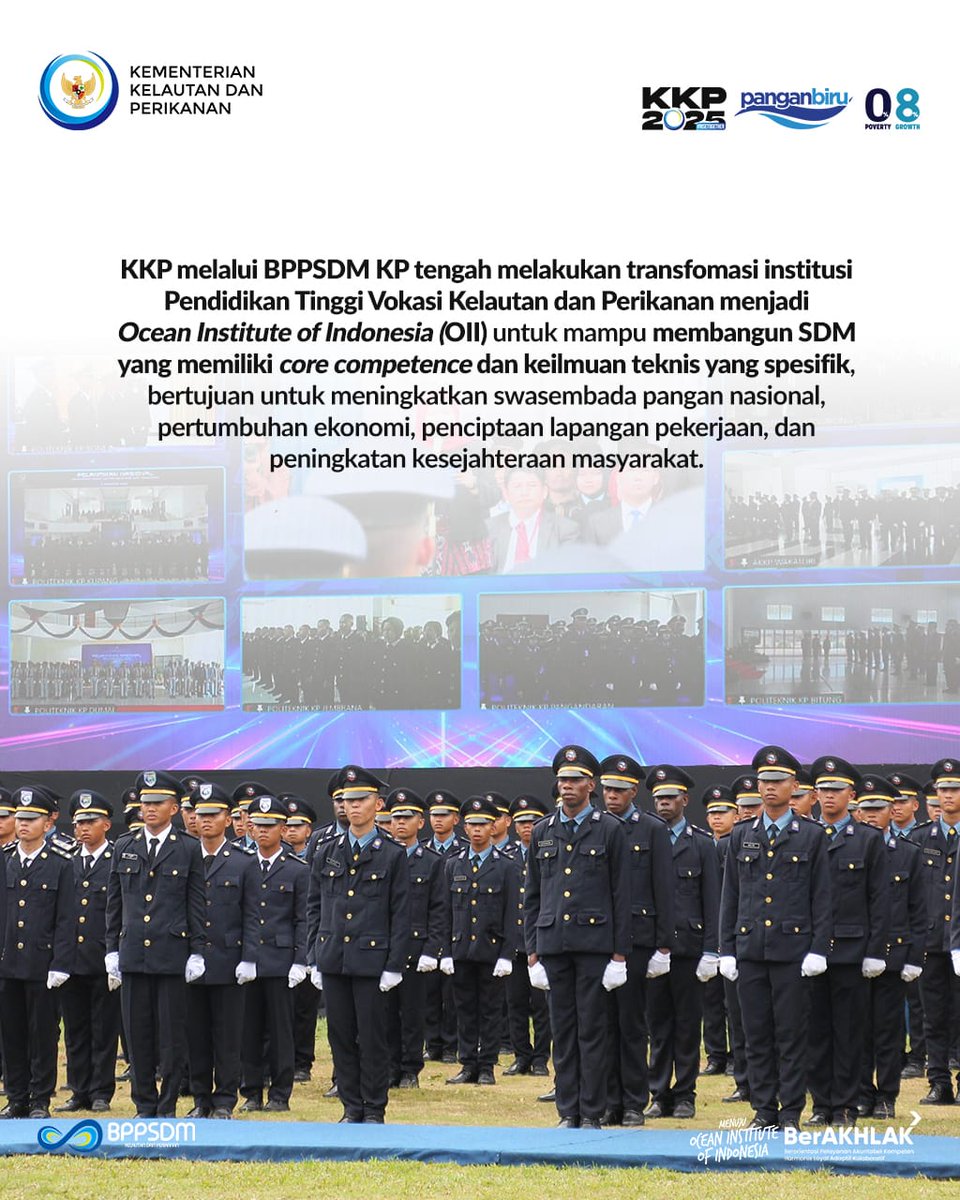 Sejalan dengan hal tersebut, <a href="/kkpgoid/">KKP RI</a> melalui <a href="/bppsdm_kp/">BPPSDM KKP</a> saat ini tengah melakukan transformasi dalam Pendidikan Tinggi Vokasi Kelautan dan Perikanan dengan membangun Ocean Institute of Indonesia (OII)

#PanganBiru #2025KKPRiseTogether #SDMKP #SDMUnggul #PendidikanKP #TarunaKP