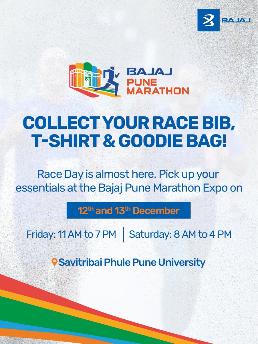 bajajlife_in's tweet photo. Get ready to kick off race weekend at the Bajaj Pune Marathon Expo on December 12 and 13. Make sure to collect your bib here as it's your official pass to the start line. Bibs will not be issued on race day!
#BajajPuneMarathon #YouTooCanFly https://t.co/n7sJjDfLUu