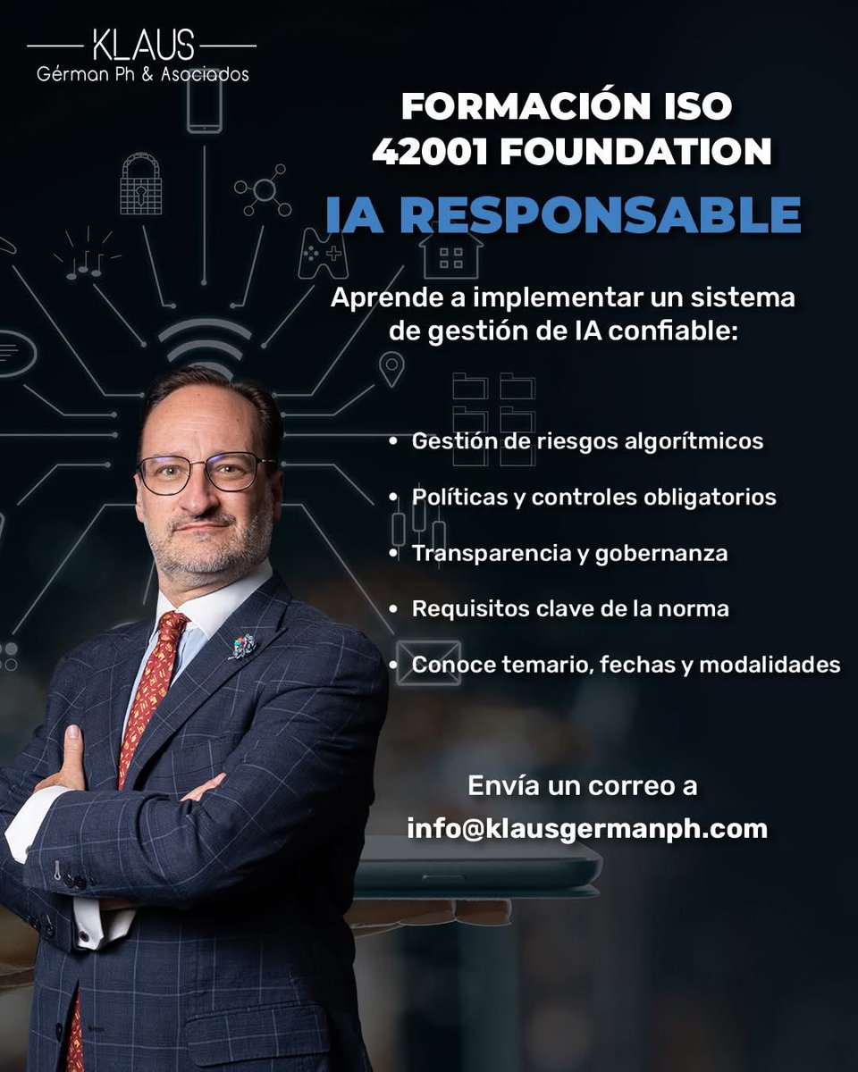 La formación #ISO42001 te ayuda a cumplir estándares internacionales y a proteger a tu equipo con procesos más sólidos y preventivos.

Solicita información: klausgermanph.com/registro-progr…