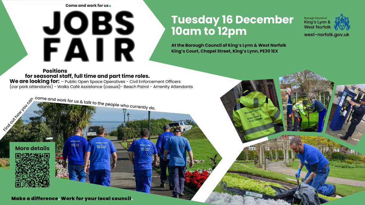 WestNorfolkBC's tweet photo. Looking for a fresh start in 2026? Come along to our Jobs Fair and speak to staff from our resort, streets, and grounds teams who are hiring now.

📍 King's Court Office, King's Lynn
📅 16 December
🕑 10am to 12pm
ℹ️ https://t.co/pMaiEi6ymk https://t.co/O1IYeVrfqy