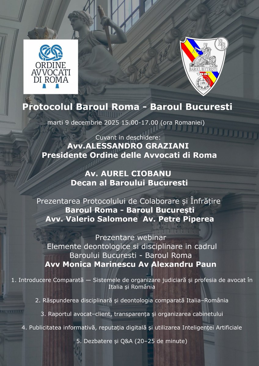 Oggi la giornata di studio comparato sulla professione di Avvocato nella UE, a Bucarest ed a Roma
