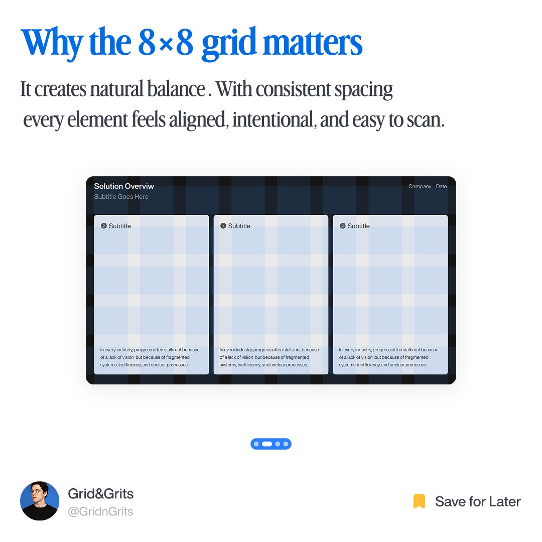 GridGrit2ig's tweet photo. If your designs feel “almost good”… it’s probably the grid.
Or the lack of it. 😅
A grid gives balance.
Keeps spacing tight.
Makes your work look sharp without extra effort.

Use it first → design after. ✨
#designprinciples #graphicdesign #gridlayout #designbasics #uxuidesign https://t.co/3Xs5pPTFWQ