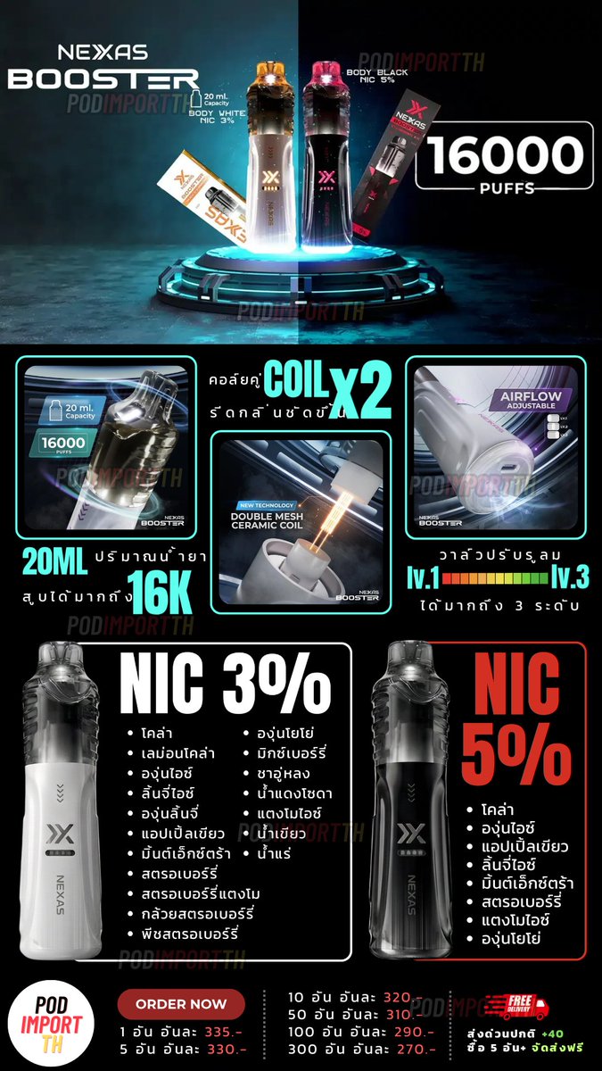 ImportTh's tweet image. 🔥 Nexas Booster 16000 PUFFS
– พอตใช้แล้วทิ้งที่คุ้มสุดในปี 2025!

มาพร้อมน้ำยา 20ml สูบได้นานถึง 16,000 คำ
ใช้ คอยล์คู่ Double Mesh รีดกลิ่นชัด ควันแน่น 
รุ่นนี้มี วาล์วปรับรูลมได้ 3 ระดับ เลือกฟิลได้ตามใจ จะโล่งหรือนิ่งก็จัดได้หมด
✔ ฟิลสูบแน่น กลิ่นชัดมาก
✔ น้ำยาเยอะ…