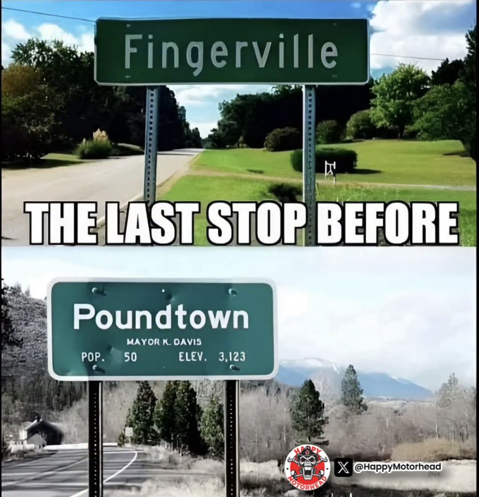 Road trip dilemma: 

👉 Stock up in Fingerville, or go straight to Poundtown❓️ 😏 

Who's brave enough to skip the foreplay❓️

#Fingerville #Poundtown #RoadTripHumor #AdultMemes #FunnySigns #Humor #Funny