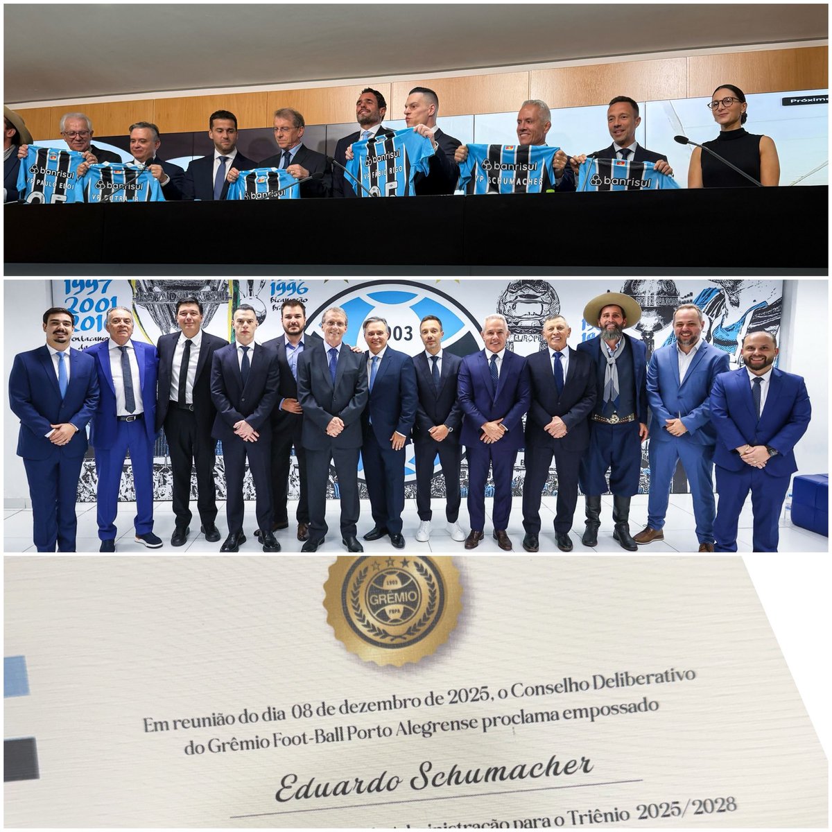 Ontem o CA foi empossado. O nosso propósito é reconstruir o Grêmio, trazendo para os cargos executivos os melhores do Mercado. 

Confiamos no processo de restruturação, a começar pelo staff. 

Um clube só é forte com uma situação financeira forte!

O QUE IMPORTA É O GRÊMIO! 🇧🇼