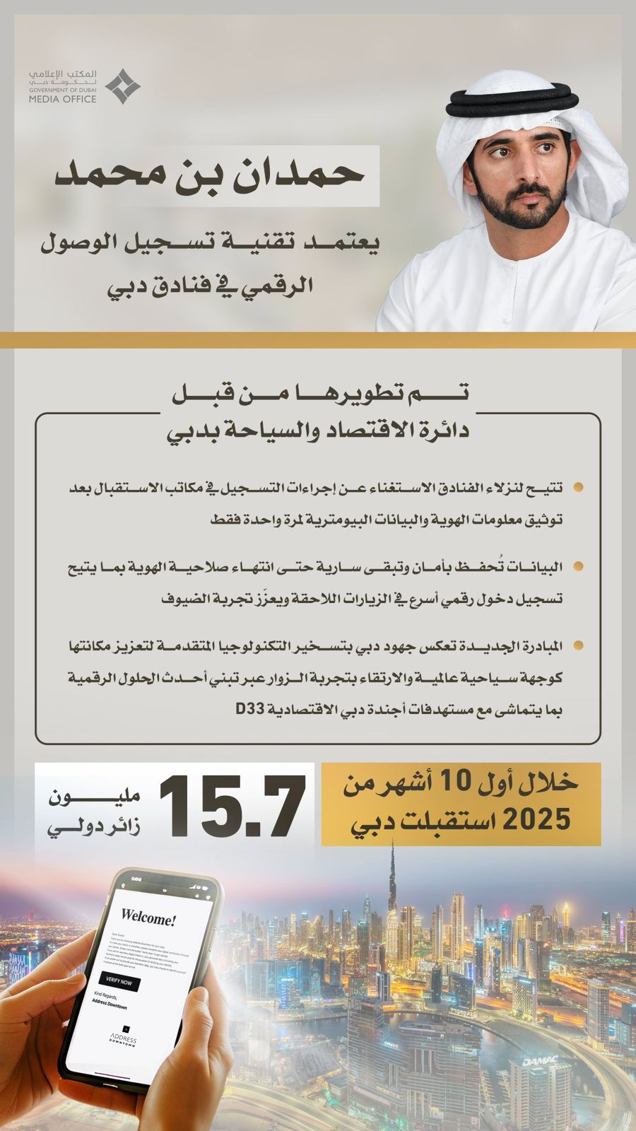 حمدان بن محمد يعتمد تقنية تسجيل الوصول الفندقي الرقمي لتصبح إحدى القنوات الرئيسية المعتمدة في جميع فنادق دبي وبيوت العطلات، بما يوفّر تجربة وصول ذكية وسريعة وآمنة للضيوف المحليين والدوليين. #مصدر_للأخبار 