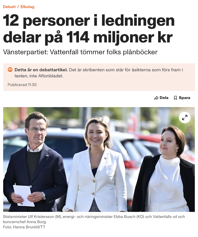 Det här var väl ändå droppen. Dags att ombilda Vattenfall till statligt verk igen och ompröva elmarknaden. Den här konstruktionen gynnar inte folket.