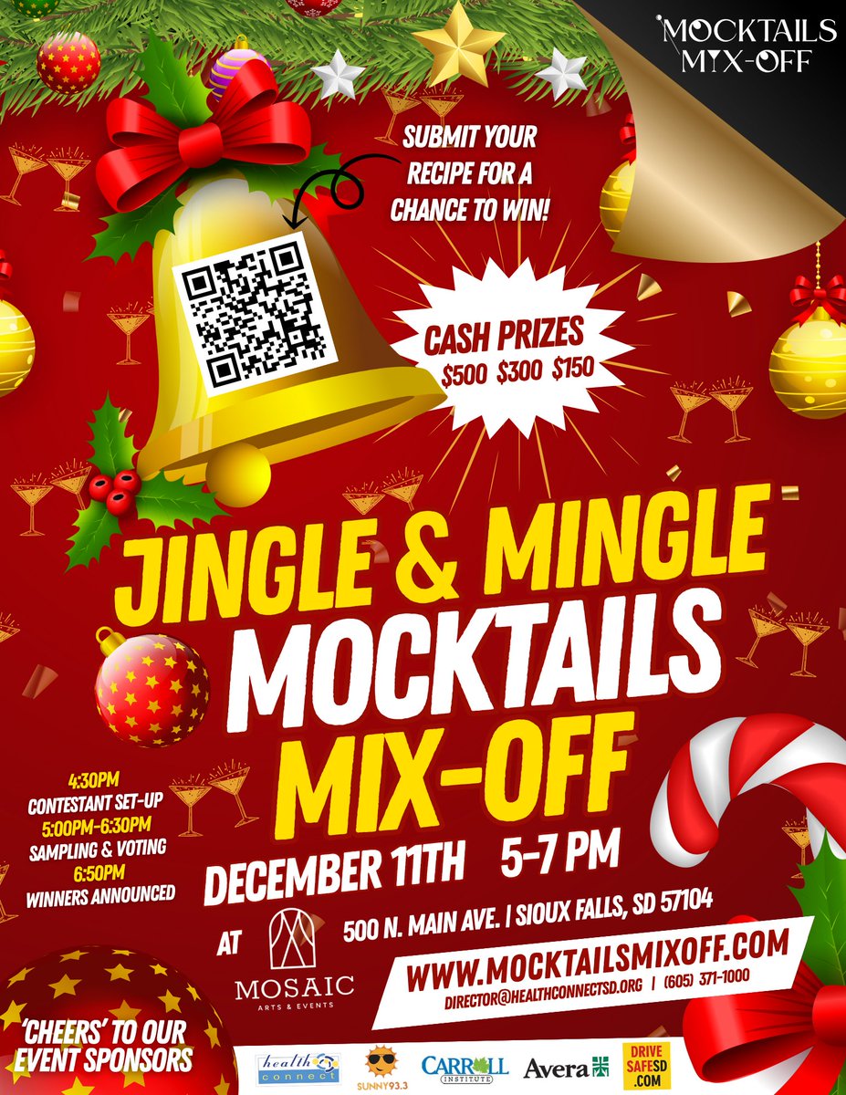 Join us this Thursday!
Try AMAZING drinks for add to your holiday party or for sober January!  Help us pick a "people's choice" winner... see someone win $500... and Santa will be there too! Recipes from past years at MocktailsMixoff.com