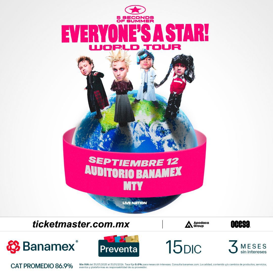 5 Seconds of Summer volverá a Monterrey: estarán el 12 de septiembre en el Auditorio Banamex.

- Preventa Banamex: 15 de diciembre.
- Venta libre: desde el 16 de diciembre.
- Todo por Ticketmaster.