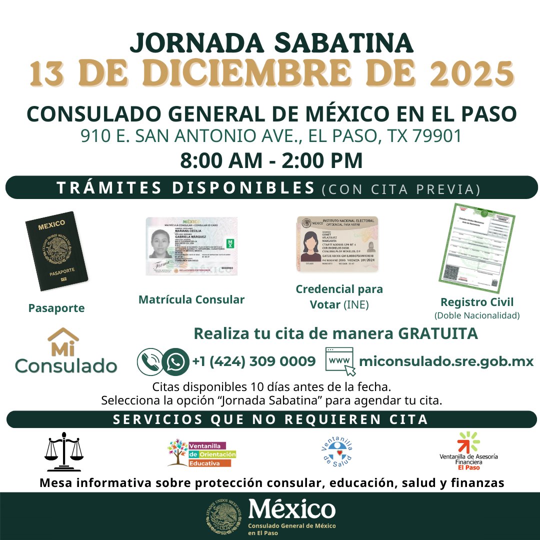 📢 ¡Ya puedes agendar tu cita para la #JornadaSabatina!

✅ Pasaporte
✅ Matrícula Consular
✅ Credencial para Votar
✅ Registro Civil (Doble Nacionalidad)

📲 Haz tu cita en: miconsulado.sre.gob.mx
☎️ +1 (424) 309 0009
👉 Selecciona “Jornada Sabatina”

#ConsuladosContigoMX