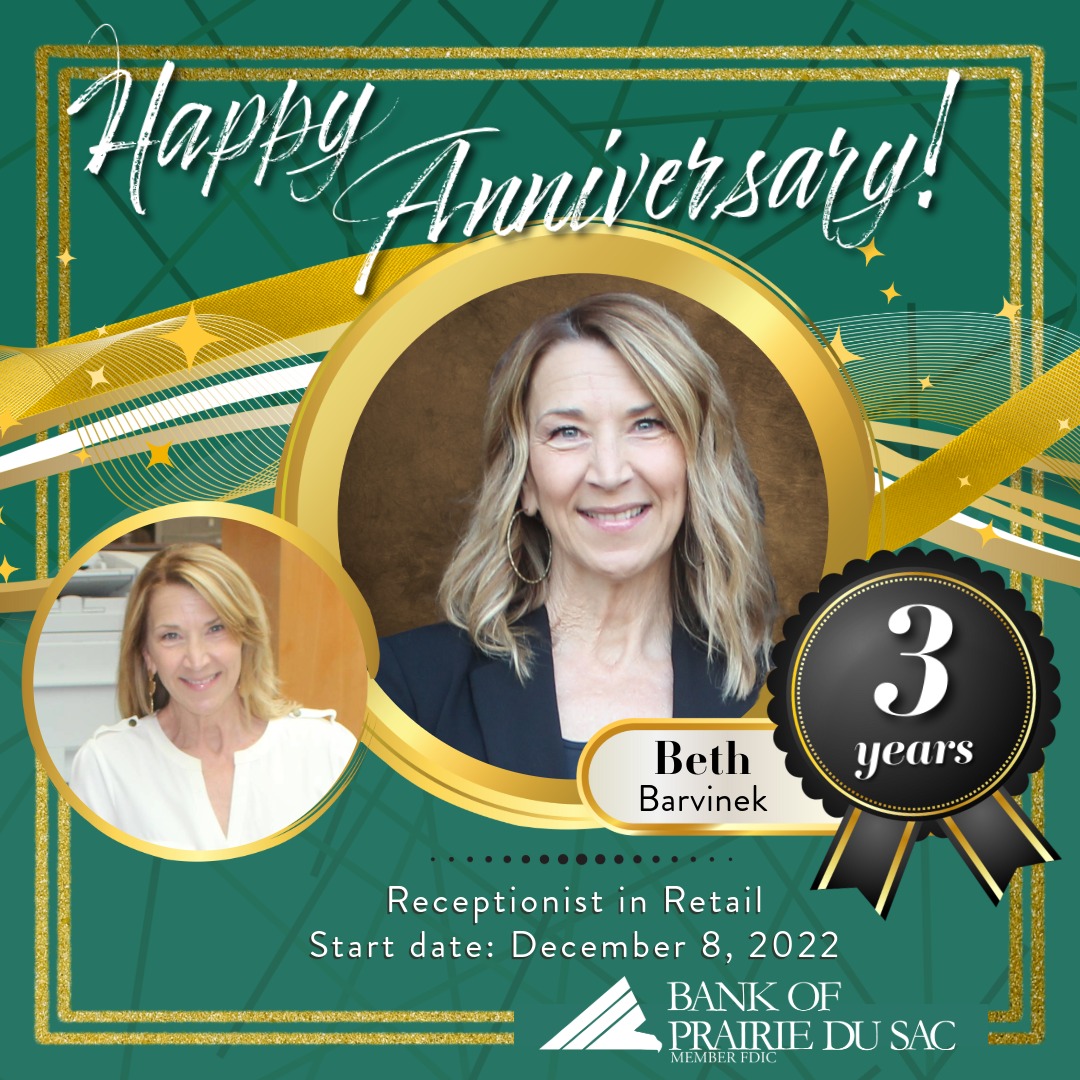 Celebrating 3 Years with Beth!
The welcoming face of our office, she keeps everything running smoothly — phones, visitors, and more — with professionalism and a smile.
Congrats &amp; thank you!

Member FDIC