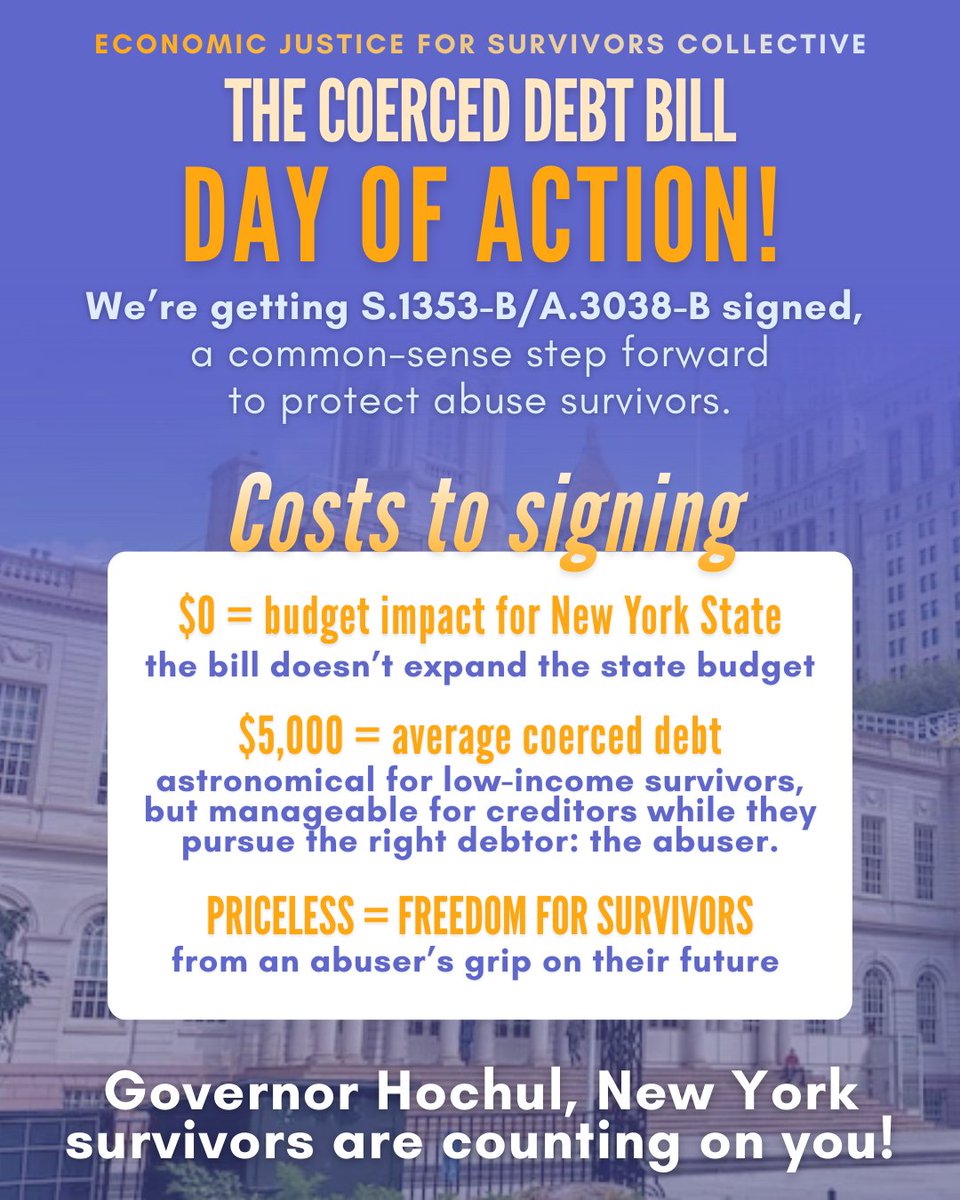 NCLC4consumers's tweet image. By signing the Coerced Debt Bill into law,
@GovKathyHochul can ensure that coerced debts are repaid by the RIGHT person: abusers who accrued them as way of controlling their victims— so that survivors aren’t left paying for abuse. #ProtectConsumers #DV #StandWithSurvivors