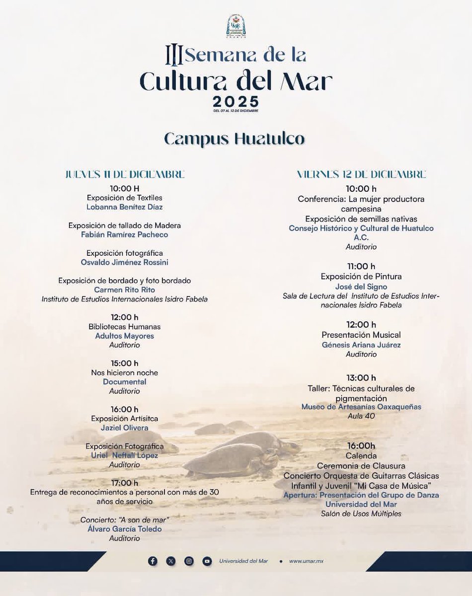 ¡Continuamos con la celebración! 💃🏻🕺🏻
.
¡Sigue la ruta de nuestra III Semana de la Cultura del Mar! 🌊🎨
.
Este martes, miércoles, jueves y viernes, te invitamos a unirte a nosotros en el Campus Puerto Ángel y Campus Huatulco para disfrutar de un programa cultural increíble.
.