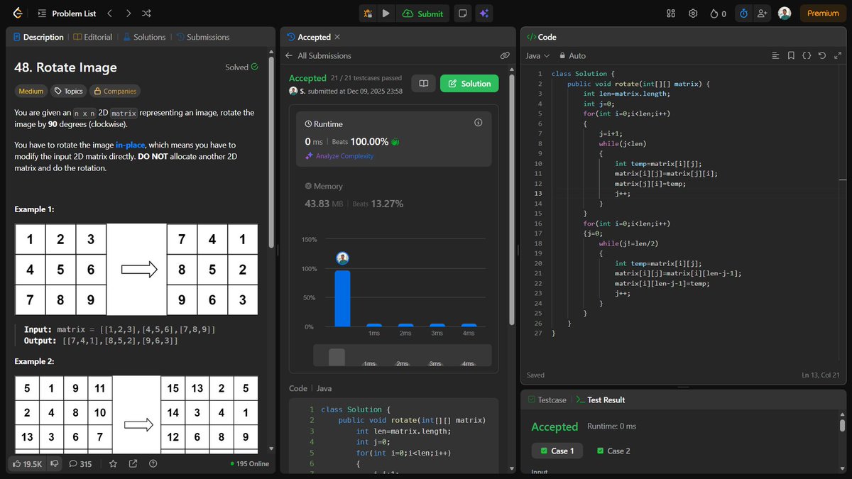 SahilGu03255780's tweet image. #Java #javalanguage #programmer #programmerpublic #CodingJourney #CodingLife #Coding #codingforlife #connection #leetcodedaily #challenge #Internship #LeetCode #leetcodeproblems #LearnInPublic #LearningInPublic  48. Rotate Image