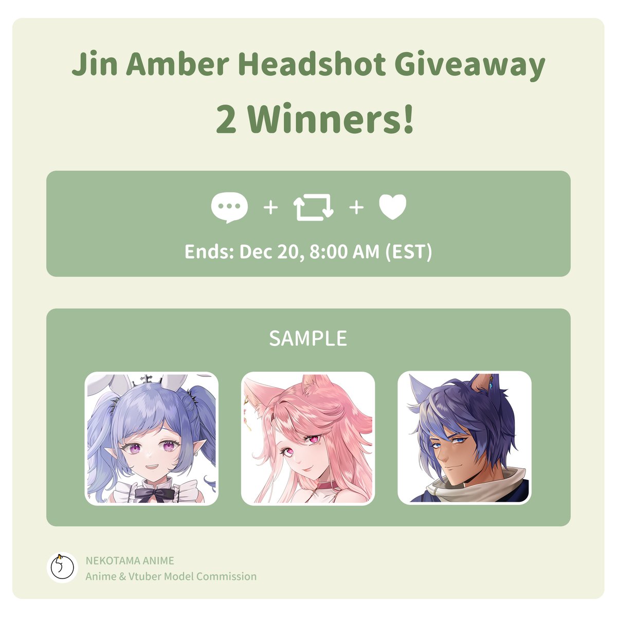 ／
🎁Jin Amber Headshot Giveaway!🎁
       2 winners!
＼

🌟How to join:
🔹Comment with your reference +🔁+ ❤
🔹OC or fanart characters👌

❌No revisions
❌No specific expressions
❌Not for commercial use
✅pfp

🗓️Ends: Dec 20, 8:00 AM (EST)
🔔Delivery: Jan 26, 2026 (EST)