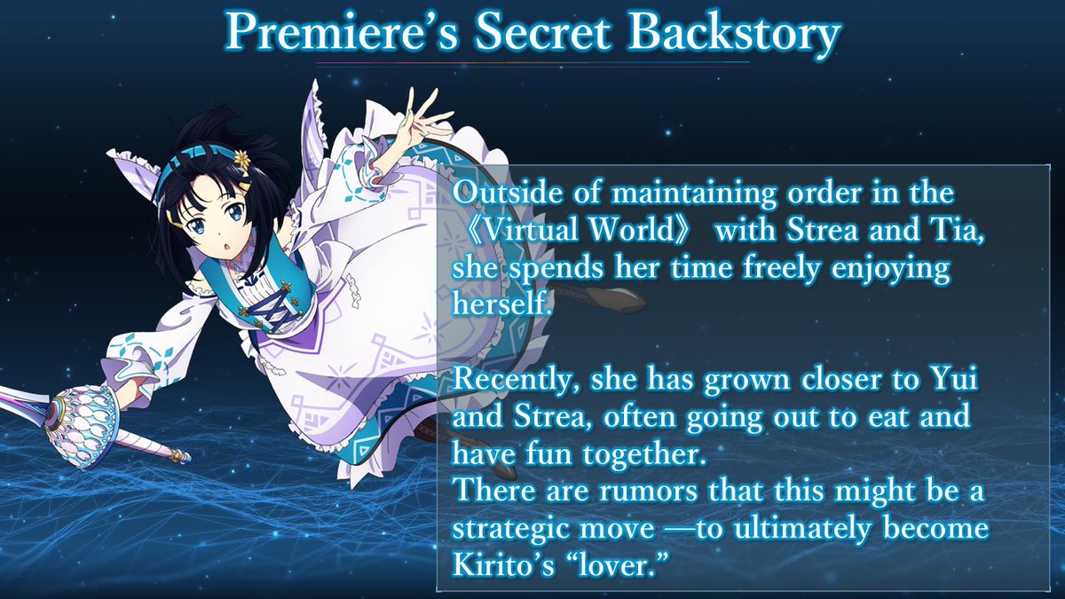saogames's tweet image. 《#SAO Game Original Character Additional Backstory》

The secret backstory reveal for today is… #Premiere

Check out the image for the new backstory! ✅
What's your favorite thing about Premiere? Tell us in the comments! 👇

#SAO