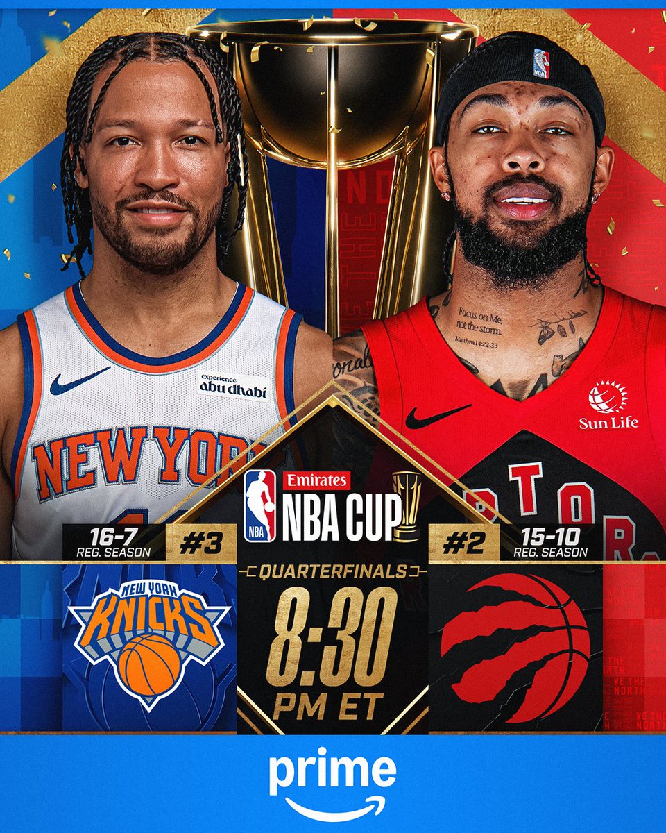 KNICKS. RAPTORS. WINNER GOES TO VEGAS.
🏆 #2 vs. #4 in the East
🏆 NYK: Most PPG in Group Play (128.0)
🏆 TOR: 4-0 in Group Play, allowed 100.8 PPG (1st)
Jalen Brunson and the 16-7 Knicks battle Brandon Ingram and the 15-10 Raptors!
@emirates NBA Cup | 8:30pm/et on Prime