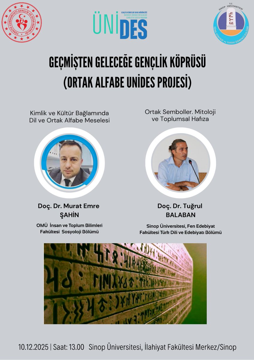 57Turkav's tweet photo. Geçmişten Geleceğe Gençlik Köprüsü temalı, Gençlik ve Spor Bakanlığı ÜNİDES Projemizin Ortak  Alfabe konulu konferansına bütün Sinop Üni. öğrencileri akademisyenleri ve halkımız davetlidir
@tubatombuloglu  
@TurkavGenMrk
@sinopuniversity 
@gsb_sinop 
@korkmzebubekir https://t.co/4IhILsYHCl