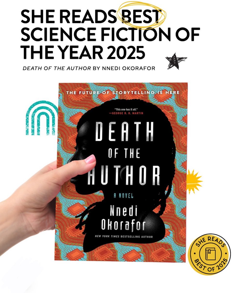 Nnedi's tweet photo. My novel DEATH OF THE AUTHOR is She Reads’ Best Science Fiction of the Year. 
😊🇳🇬🇺🇸🤖🐬 https://t.co/nEFCSzSCPL