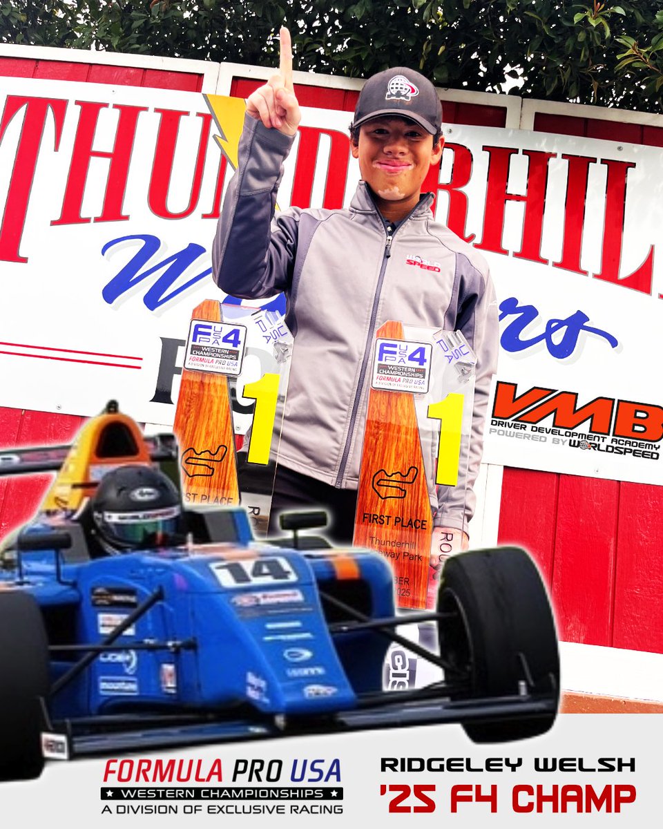 WorldSpeed's tweet image. 🥇Ridgeley Welsh is the 2025 FPUSA F4 Champion! 🏆

Driving the VMB Driver Development F4 car, Welsh was a podium machine all season long.

2025 Season Stats (12 Races):
Championship: 1st 
Podiums: 11
Wins: 2
Fastest Laps: 2

A dominant performance powered by the VMB Scholarship!