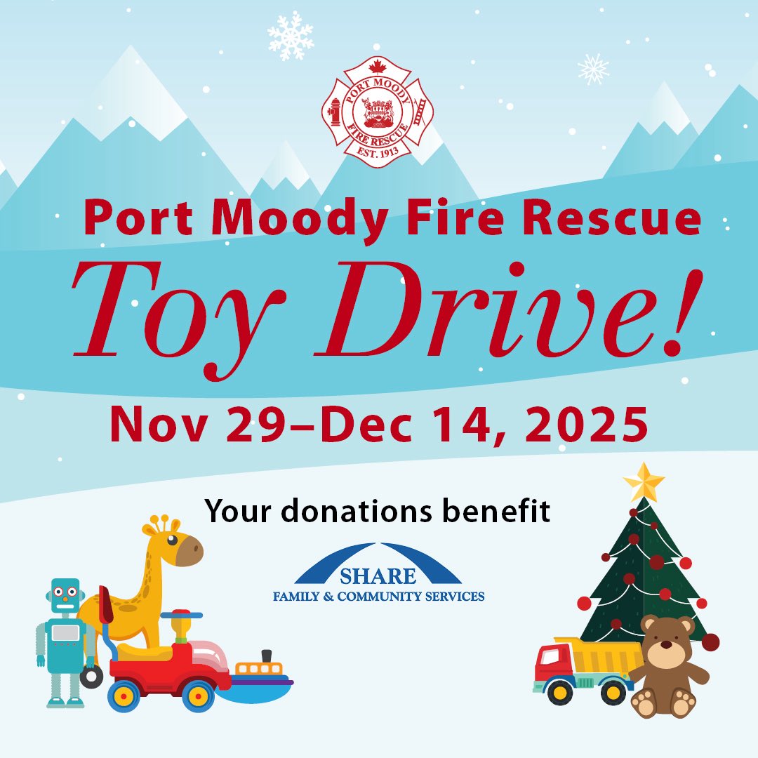 PortMoodyFR's tweet photo. 🎁✨ Thank you to everyone who has already donated to our  Toy Drive and is helping making it such a success! 

🚒 Haven’t had a chance to drop off a toy yet? No worries—donations can still be brought to our Fire Hall until December 14.

Let’s keep the spirit of giving alive! ❤️ https://t.co/FfF3fxOT9N