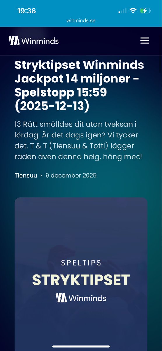 STRYKTIPSET LÖRDAG - JACKPOT 14 MILJONER🔵

Andelslaget live ✅ 15/25 sålda. 

Speltips, veckans drag &amp; mycket mer⤵️
winminds.se/playtips 📊

Veckans spik:
 1 - Arsenal - Wolverhampton 🔨

#STRYKTIPSET #PremierLeague #Europatipset #Middlesbrough #Arsenal
