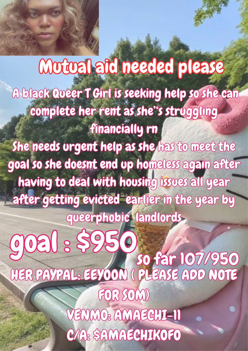 grassfay's tweet photo. a black trans girl needs help making her rent 

paypal: eeyoon ( please add note for som)
venmo: amaechi-11
c/a: $amaechikofo https://t.co/3zl10kLMhF