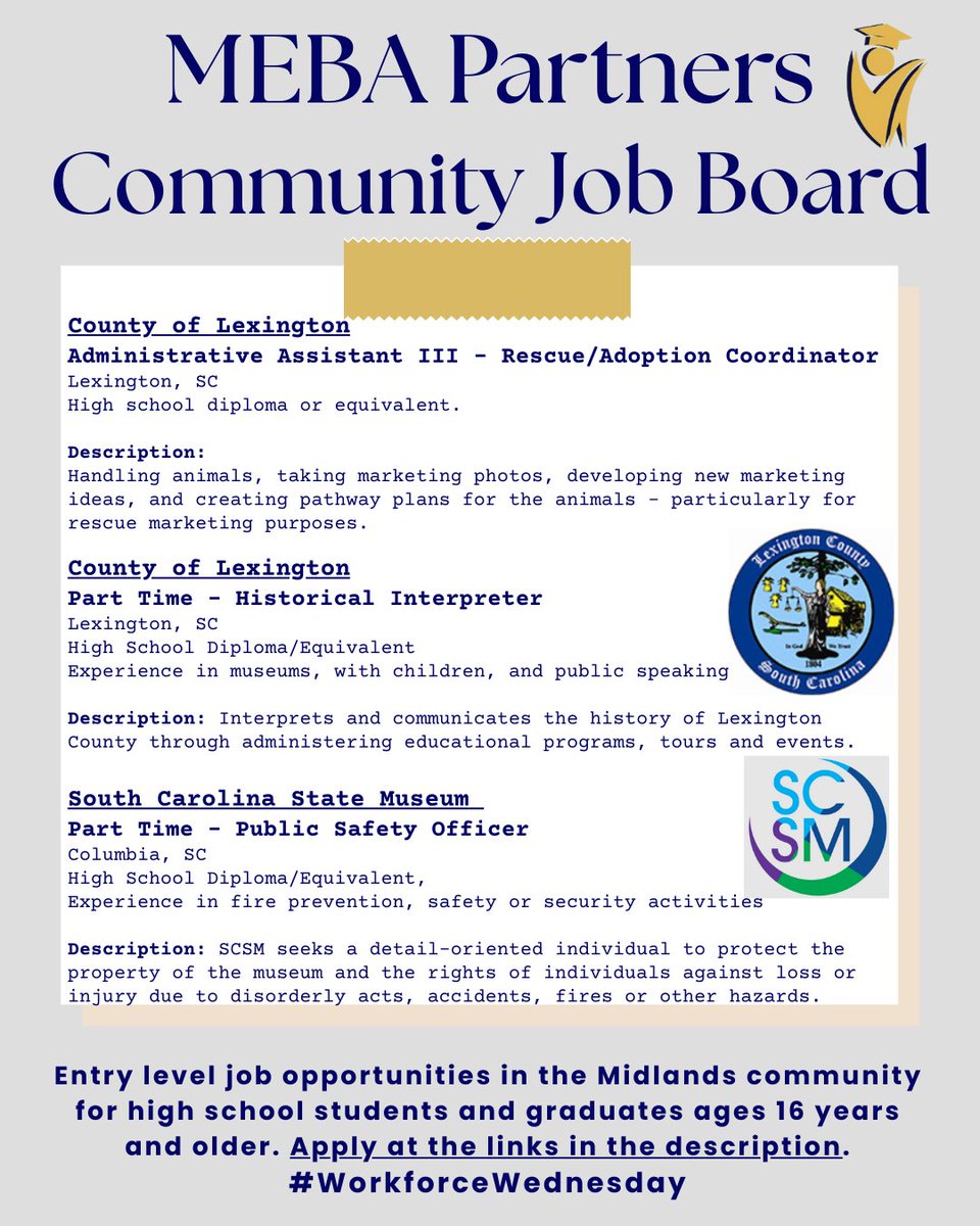 mebasc's tweet photo. Educators & parents of high school students, be sure to share entry-level careers in the Midlands!
#WorkforceWednesday #MEBAPartners #creatingcareerconnections #communityjobs #entryleveljobs
@LexingtonCounty
https://t.co/6KuI9Nta96
@SCStateMuseum
https://t.co/hopTLtAAat https://t.co/s3d94W8P8K