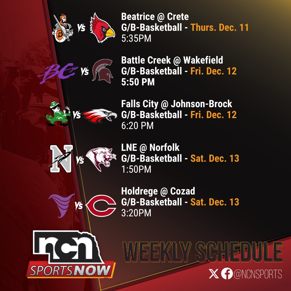 NCNSports's tweet image. 📺📅: NCN TV GAMES - WEEK OF DEC. 8 🏀🏀

@NewsChannelNE is televising 🔟 high school basketball games this week 🙌

🟠 Beatrice vs Crete 🔴
⚔️ Wakefield vs Battle Creek 🟣
🐅 Falls City vs Johnson-Brock 🦅
🚀 Lincoln Northeast vs Norfolk 🐾
🌪️ Holdrege vs Cozad 👨‍🌾

NCN FALL…