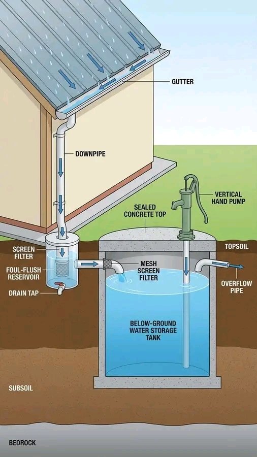 AgiriteMedia's tweet image. 🏡 Rainwater Harvesting System: How It Works From Roof to Reservoir
A household rainwater harvesting setup captures rainfall, cleans it through a series of simple filters, stores it safely underground, and makes it easy to access when needed. Below is an overview of each…