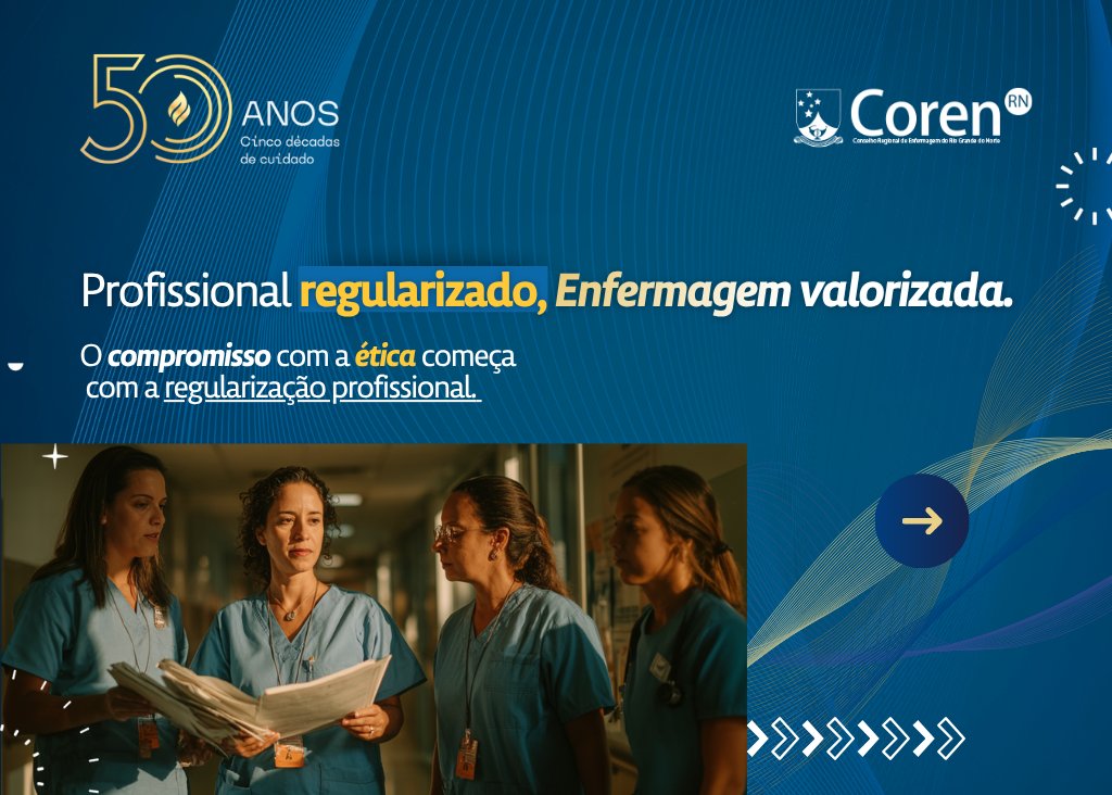 CorenRN's tweet image. Profissional regularizado, Enfermagem valorizada.
Estar em dia com o Coren-RN é um compromisso com a ética, a segurança e o respeito pela profissão.