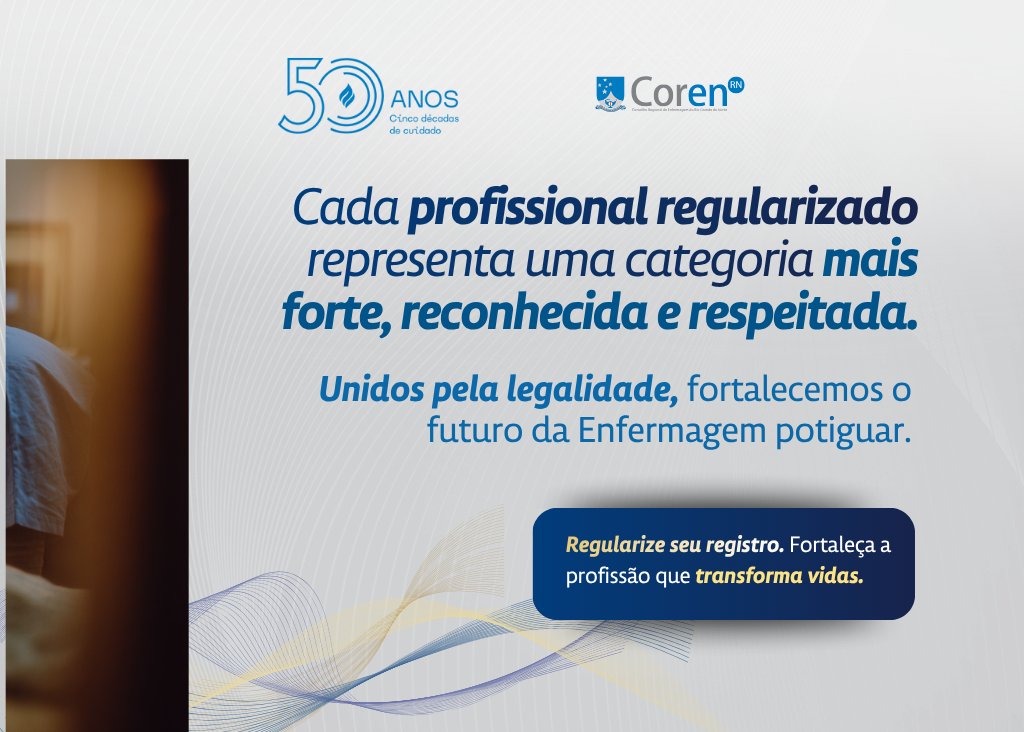 CorenRN's tweet image. Profissional regularizado, Enfermagem valorizada.
Estar em dia com o Coren-RN é um compromisso com a ética, a segurança e o respeito pela profissão.