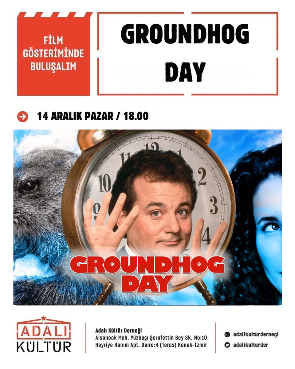 Bu hafta İzmir Adalı Kültür Derneği'nde 1993 yapımı Groundhog Day filmini izliyoruz. Bir meteoroloğun her gün aynı günü tekrar yaşadığı olağanüstü durumu konu alan bu film, çekilmiş en iyi komedi filmlerinden biri olarak nitelendiriliyor.

Katılım İçin↩️
docs.google.com/forms/d/14bVKP…