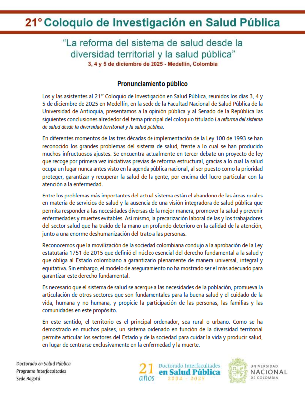 Docisp's tweet image. PRONUNCIAMIENTO  21° COLOQUIO DE INVESTIGACIÓN EN SALUD PÚBLICA “LA REFORMA DEL SISTEMA  DE SALUD DESDE LA DIVERSIDAD TERRITORIAL Y LA SALUD PÚBLICA”