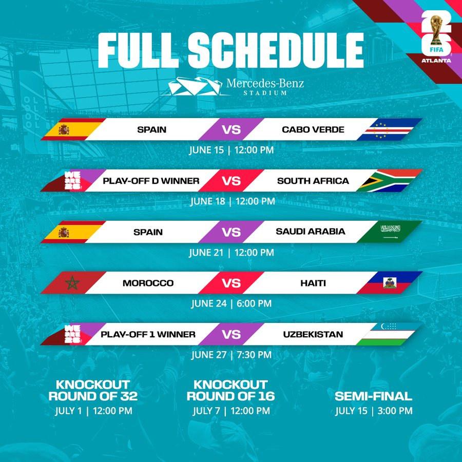 GAFollowers's tweet photo. The group stage matchups for the FIFA World Cup at Mercedes-Benz Stadium are officially locked in. https://t.co/e6dj4s2So3