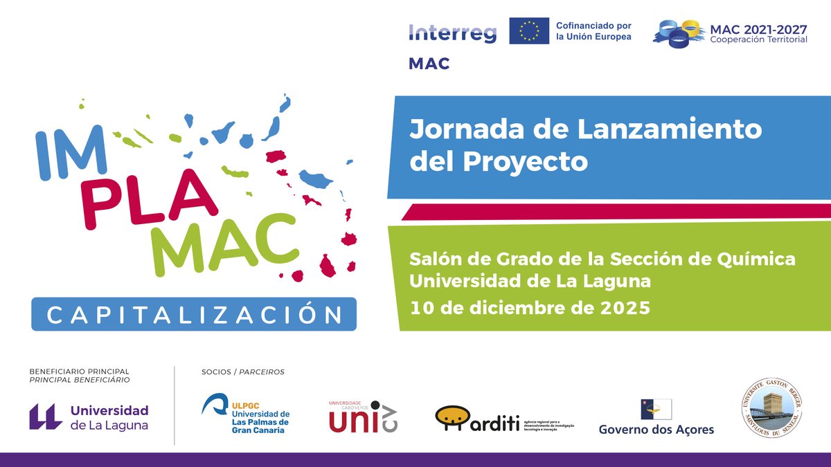 IMPLAMAC's tweet photo. 📢 Mañana celebramos la Jornada de Lanzamiento del Proyecto IMPLAMAC_CAPITALIZACIÓN.
Síguela en streaming desde las 10:30 h
🔗 https://t.co/ZmZlhtkDLO
Desde el Salón de Grado de la Sección de Química (@ULL) ¡No te lo pierdas! 🌊#Interreg #InterregMAC #IMPLAMAC_CAP  #Macaronesia https://t.co/mMgDstrTxe