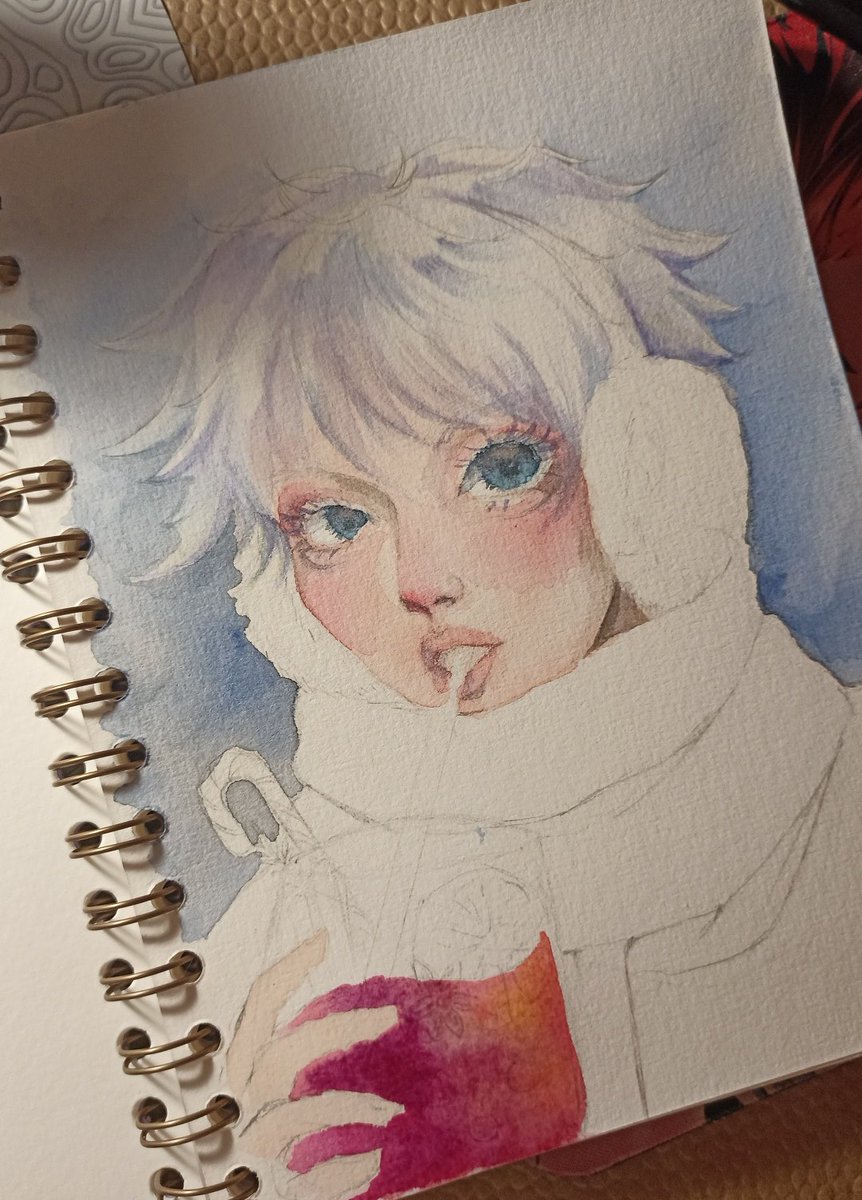 i haven't painted with watercolors for a whole year but i really like what it turns out, it feels very meditative and pleasant 🥰 snow gojo with mulled wine!!