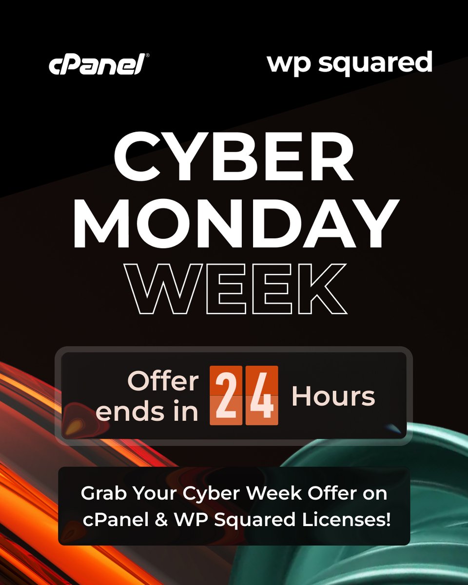 cPanel's tweet image. 24h left!

Save up to $30 on cPanel &amp;amp; $45 on WP Squared, the industry’s most trusted control panel for server &amp;amp; site management. 
For web pros, agencies &amp;amp; site owners.
Don’t wait, grab your discounted cPanel license now: b.link/cnknz02d

#cPanel #BlackFriday #LimitedOffer