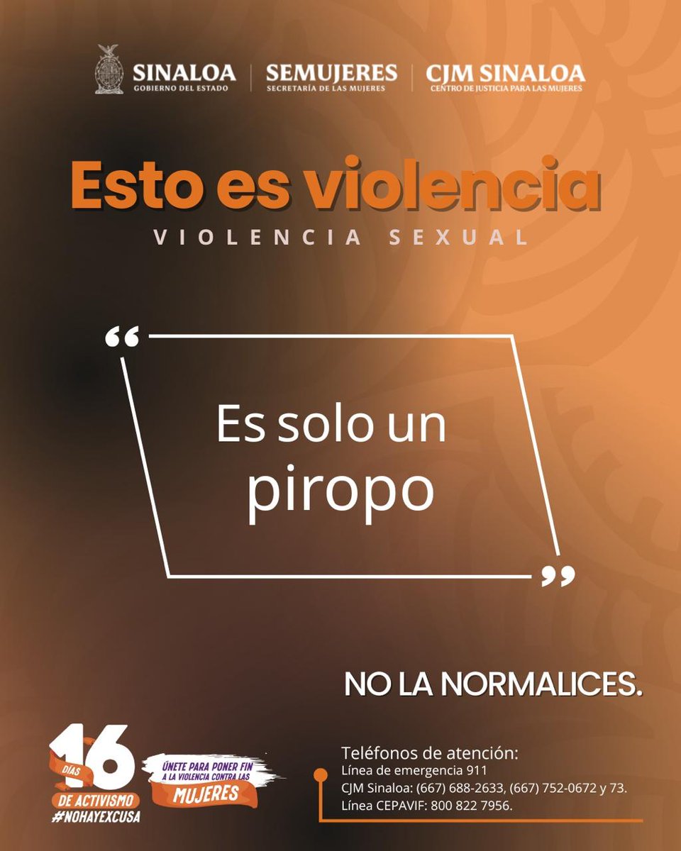 🟠🟣 Esto es violencia, no la normalices. 

¡Alza la voz!.

🎗️Por una vida libre de violencia.

#EstoEsViolencia #NoHayExcusa #NoEsNormalEsViolencia #16DíasDeActivismo #ActúaContraLaViolencia #25N
#TodasYTodosPorLaIgualdad #MujeresSeguras #CJMSinaloa