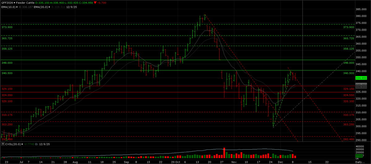 mbacowboy's tweet photo. After an explosive two weeks, cattle were due for a breather. Jan tested and failed a 50% retracement of the October-November selloff. 

I am optimistic that the rally resumes, but the contract most likely prints a $32* handle first, with major support between $320-$325. https://t.co/W1aCz2kgCC