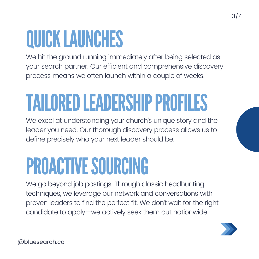 BlueSearchCo's tweet photo. ⌚How long should a Pastor Search take?

Most sources suggest a 12-18 month timeframe as the national average across denominations. Some pastor search firms target 9-12 months. At BlueSearch, Malcolm’s searches have averaged just under 7.5 months in recent years—saving valuable time while maintaining quality.

Why are our searches quicker?

1. Quick Launches: We hit the ground running immediately after being selected as your search partner. Our efficient and comprehensive discovery process means we often launch within a couple of weeks.

2. Tailored Leadership Profiles: We excel at understanding your church’s unique story and the leader you need. Our thorough discovery process allows us to define precisely who your next leader should be.

3. Proactive Sourcing: We go beyond job postings. Through classic headhunting techniques, we leverage our network and conversations with proven leaders to find the perfect fit. We don’t wait for the right candidate to apply—we actively seek them out nationwide.

If your church is seeking a new leader, let’s talk! Reach out to Malcolm today for a no-pressure conversation about practical solutions for your church. No obligations, just insight and guidance.

#pastorsearch
#ministryjobs
#churchjobs
#searchteam