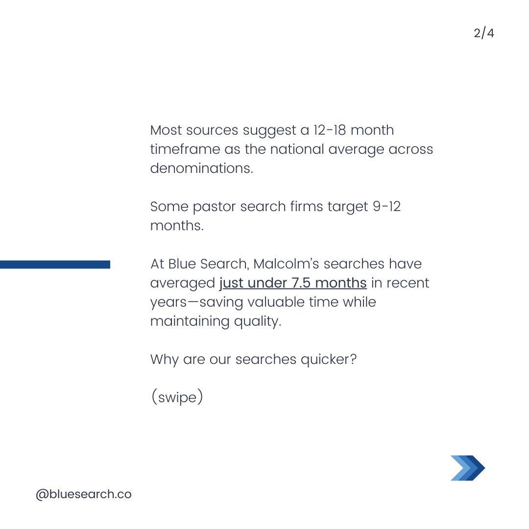 BlueSearchCo's tweet photo. ⌚How long should a Pastor Search take?

Most sources suggest a 12-18 month timeframe as the national average across denominations. Some pastor search firms target 9-12 months. At BlueSearch, Malcolm’s searches have averaged just under 7.5 months in recent years—saving valuable time while maintaining quality.

Why are our searches quicker?

1. Quick Launches: We hit the ground running immediately after being selected as your search partner. Our efficient and comprehensive discovery process means we often launch within a couple of weeks.

2. Tailored Leadership Profiles: We excel at understanding your church’s unique story and the leader you need. Our thorough discovery process allows us to define precisely who your next leader should be.

3. Proactive Sourcing: We go beyond job postings. Through classic headhunting techniques, we leverage our network and conversations with proven leaders to find the perfect fit. We don’t wait for the right candidate to apply—we actively seek them out nationwide.

If your church is seeking a new leader, let’s talk! Reach out to Malcolm today for a no-pressure conversation about practical solutions for your church. No obligations, just insight and guidance.

#pastorsearch
#ministryjobs
#churchjobs
#searchteam