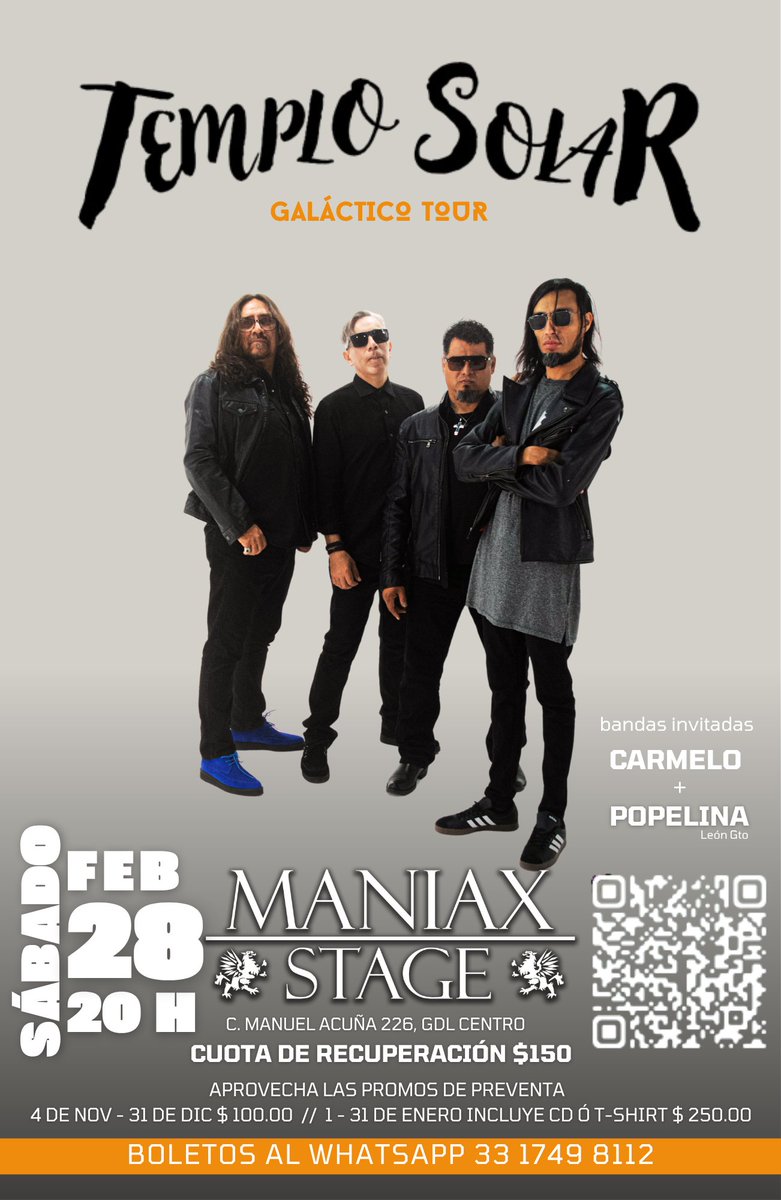 Banda se viene el siguiente show de Templo Solar, ¿quieren disfrutar de un concierto de rock?, los esperamos el 28 de febrero del 2026 en el Maniax Stage!