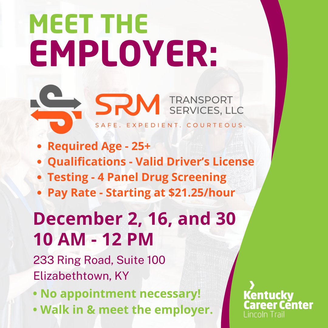 SRM Transport Services will be set up at our Elizabethtown location for Meet the Employer events in December! Stop by to explore the company, learn about available career opportunities, and see if your next career move could be with SRM. No appointment needed.