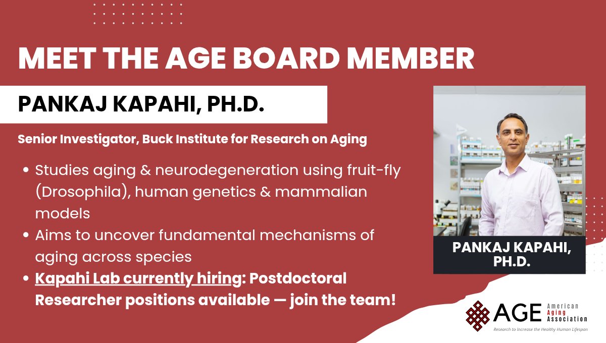 🌟 Meet the AGE Spotlight 🌟
Today’s focus: Dr. <a href="/kapahi_pankaj/">Pankaj kapahi</a> at the <a href="/BuckInstitute/">Buck Institute</a> — using fly, human &amp; mammalian models to study aging &amp; neurodegeneration.

📢 Kapahi Lab is hiring postdocs now! Interested candidates: pkapahi@buckinstitute.org

#AgingResearch #Geroscience