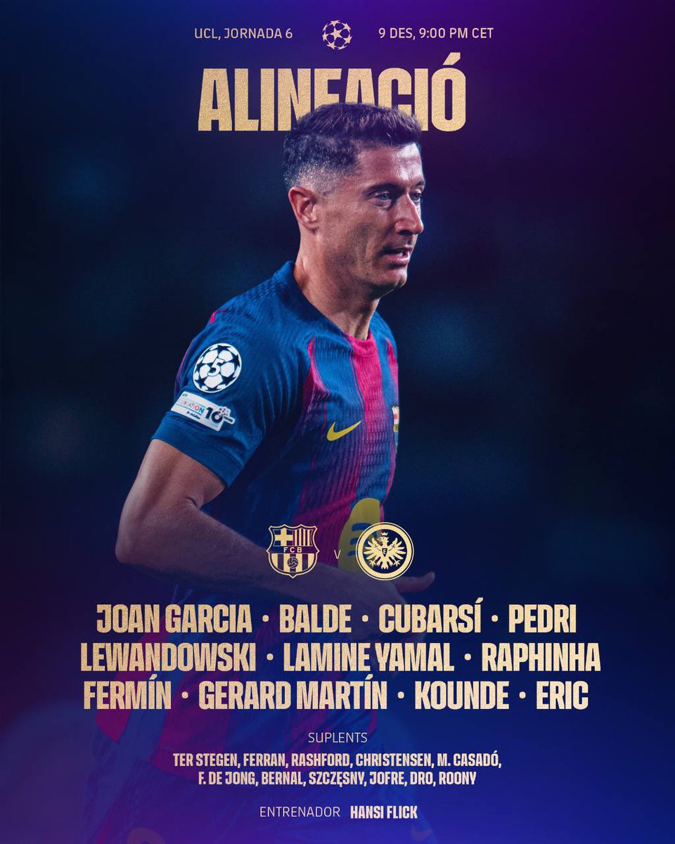 JoelGadea6's tweet image. ❗️Lewandowski i Fermín, les novetats de Flick pel #BarçEintracht 

🧤Joan Garcia
⚔️ Koundé, Cubarsí, Gerard Martín, Balde
🧠 Eric, Pedri, Fermín
🎯 Lamine, Lewandowski, Raphinha

@Laporteriabtv @btvesports #UCL #FCBLive