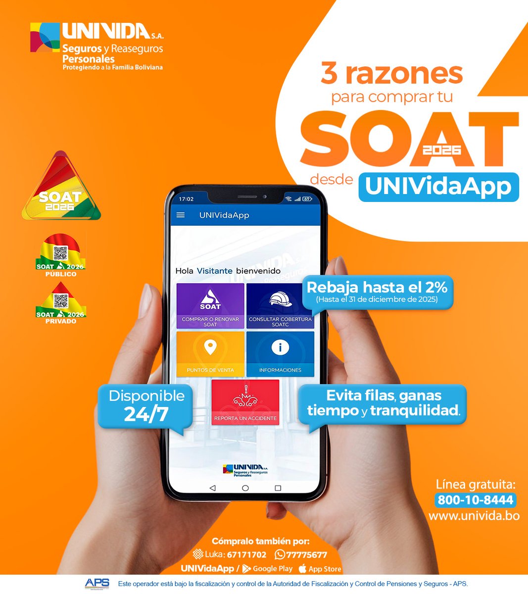 ¡No busques más! Aquí están 3 razones para descargar y comprar tu #SOAT2026 hoy mismo en la #UNIVidaApp:
1. 💰 Ahorro: ¡Hasta un 2% de rebaja hasta el 31/12/2025!
2. 🕒 Siempre Abierta: Disponible 24/7.
3. 🧘 Tranquilidad: Evitas filas y ganas tiempo.
#PrevenirEsDarVida