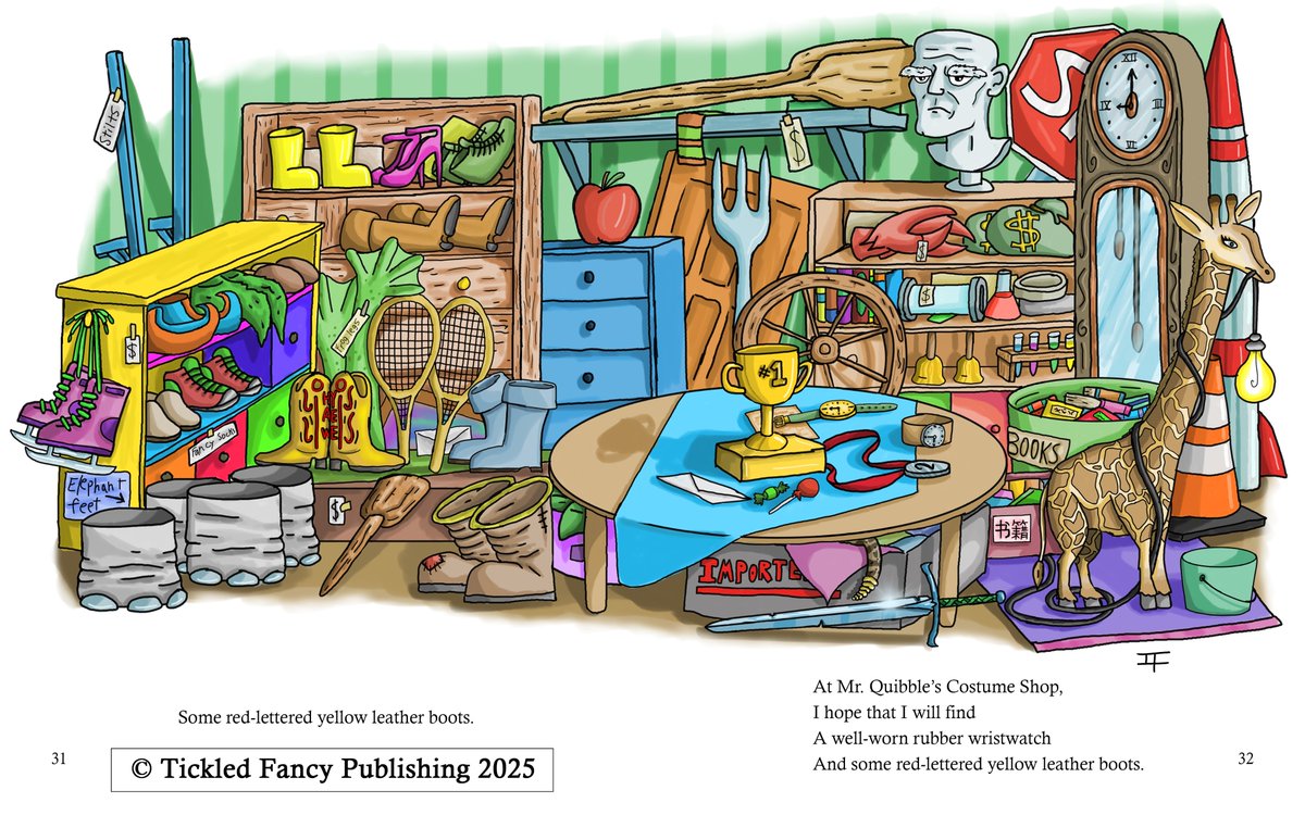 TFPublishing's tweet photo. Sneak Peek #3! 

"At Mr. Quibble's Costume Shop, I hope that I will find
Some red-lettered yellow leather boots"
And so much more!

Text by Karen Kappen; illustration by Ian Fetterhoff. 

Follow us for more!

#childrensbookillustration #illustration #childrensbooks https://t.co/yXm7OLlKex