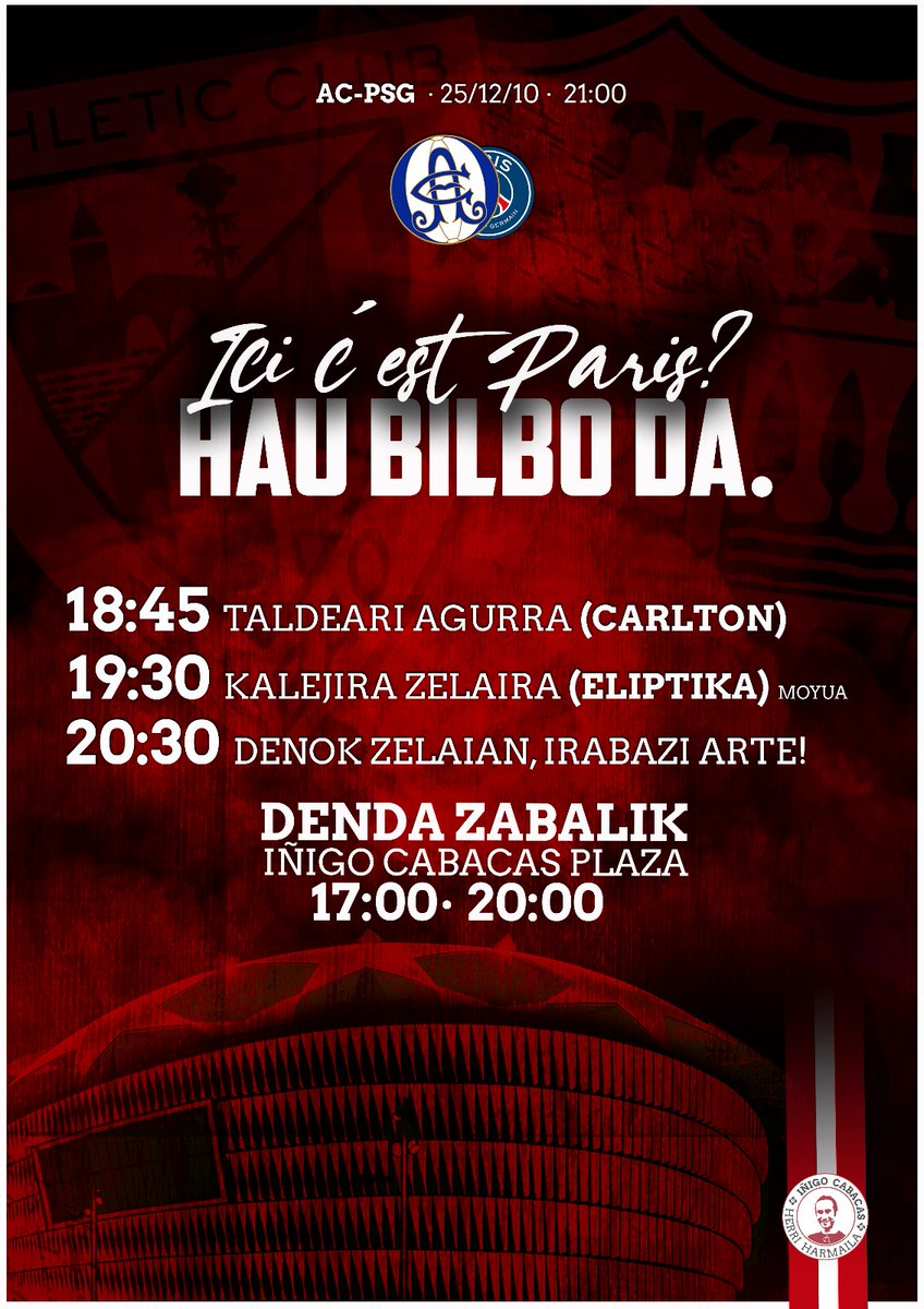 HAU BILBO DA.

Biharko partida danok jokatzen dugu. 

🧨 18:45etan Eliptika Plazan agurra taldeari. 

📢 19:30etan Kalejira zelaira Eliptika plazatik!

🔥20:30etan San Mames beteta!