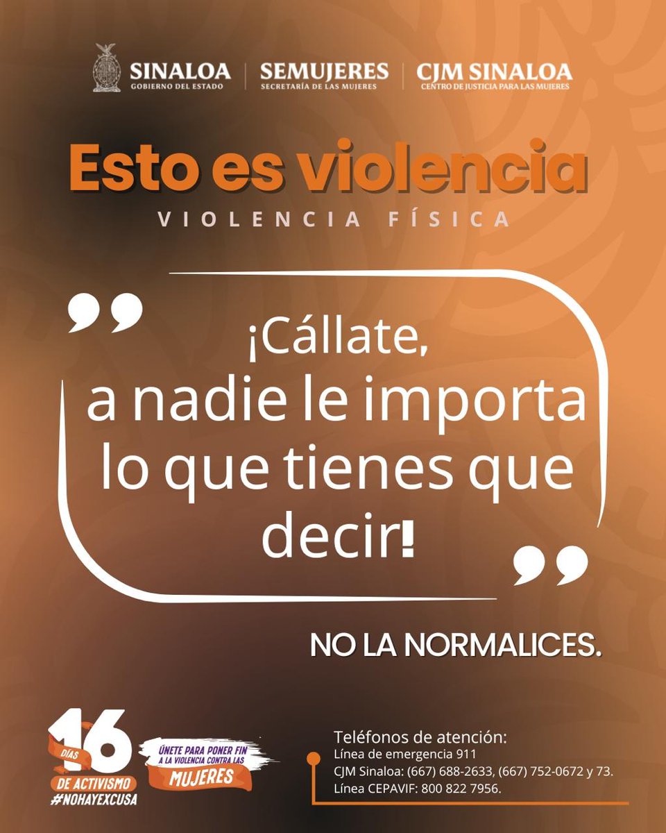 🟠🟣 Esto es violencia, no la normalices. 

¡Alza la voz!.

🎗️Por una vida libre de violencia.

#EstoEsViolencia #NoHayExcusa #NoEsNormalEsViolencia #16DíasDeActivismo #ActúaContraLaViolencia #25N
#TodasYTodosPorLaIgualdad #MujeresSeguras #CJMSinaloa